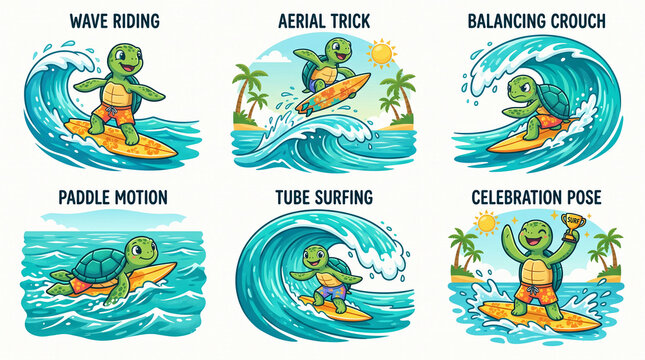 Dynamic collection of cute sea turtles enjoying exhilarating surf adventures, showcasing their playful spirit and mastery of ocean waves