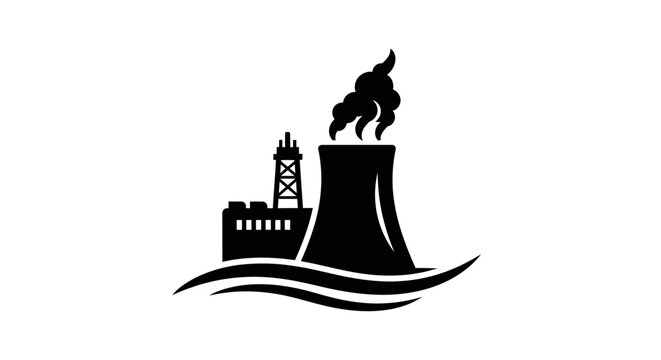 Industrial Chimney Emitting Smoke with Water Waves Below