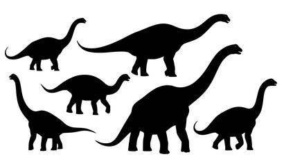 Brontosaurus Dinosaur Silhouette Collection with Different Long Neck Prehistoric Animal Poses Vector Set © Boloram
