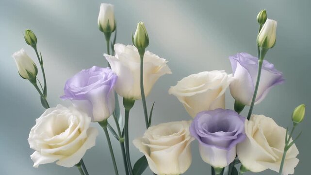 Close-up of white and light purple lisianthus flowers with buds