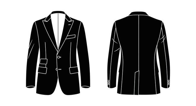 Black suit jacket illustration front and back views on white background