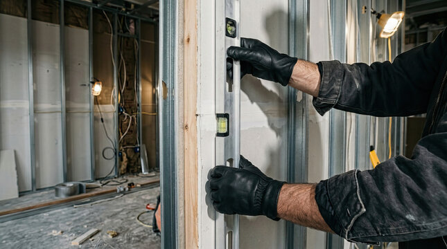 Contractor hand wall level measuring drywall renovation construction interior contractor hands checking wall alignment with bubble level drywall during interior renovation, showing gloved hand