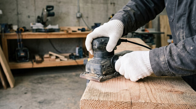 Contractor hands holding electric sander woodworking carpenter power tool sanding wood plank workshop interior wood dust glove diy home improvement project, smoothing timber surface on workbench