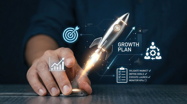 Mindful leadership strategy concept with rocket launch symbolizing growth plan and business success in digital marketing and innovation