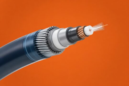 Fiber optic cable cross section with exposed strands on orange background in clean 3D technical illustration