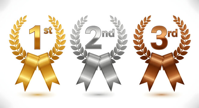Gold silver and bronze award ribbons with laurel wreaths first second and third place recognition