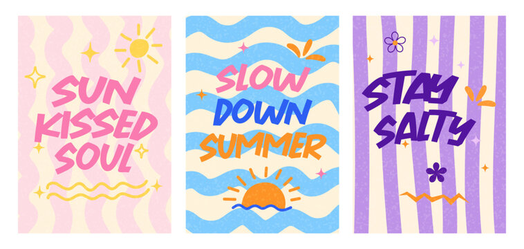 Retro Summer Quote Posters with Bold Typography and Wavy Background Vector Set