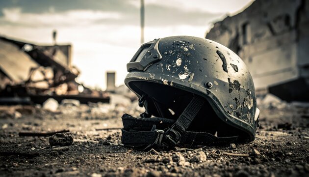 A heavily damaged military helmet with impact marks and dirt smudges sits on the war-torn ground, representing the brutal realities of combat.