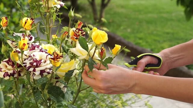 Woman pruning yellow roses with scissors in backyard garden