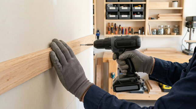 Handyman installing wooden trim cordless drill screw glove carpentry home renovation workshop, worker fastening wood molding to wall with power drill, careful hands protective glove, indoor