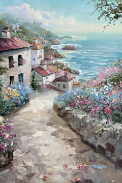 Coastal village scene depicting a winding path adorned with vibrant flowers overlooking the calm Mediterranean sea and houses