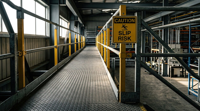Industrial walkway steel walkway safety sign slip risk metal grating handrail factory interior with yellow guardrail and caution signage along elevated catwalk, industrial lighting, workplace