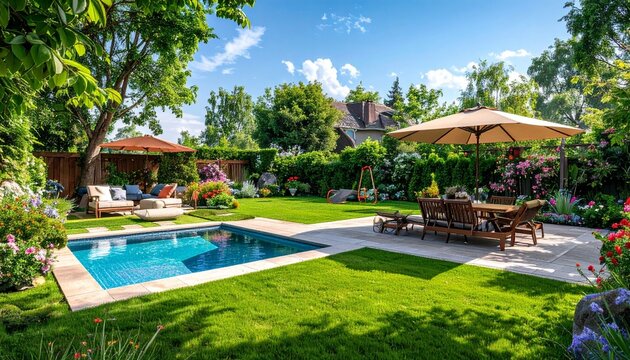 Familienfreundlicher Garten mit Pool und Rasenfl&auml;che