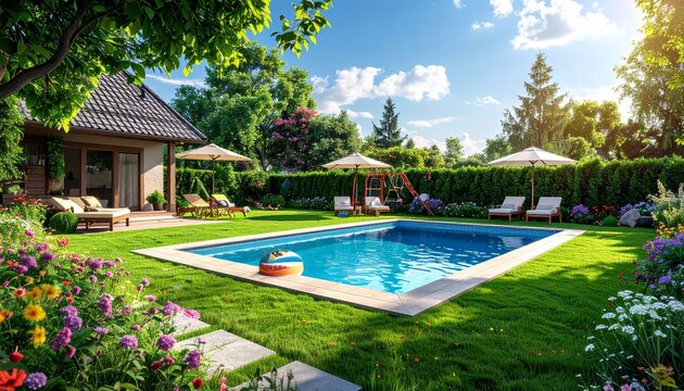Familienfreundlicher Garten mit Pool und Rasenfl&auml;che