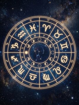 Astrology zodiac wheel with horoscope signs over starry galaxy universe background, astrology