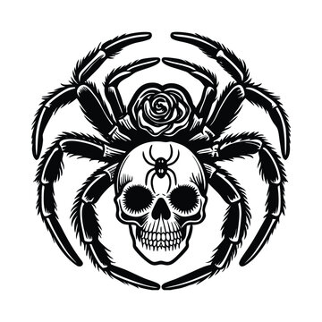 Detailed black and white tarantula spider illustration featuring a human skull body with a smaller spider mark on the forehead and a blooming rose flower on top.
