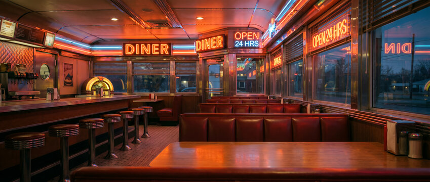 Vintage 1950s american roadside diner interior at night with glowing red neon signs vinyl booths retro jukebox and empty bar stools background