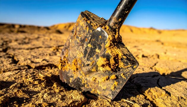A heavily soiled entrenching tool shovel blade with caked-on dirt, set against a blurred desert landscape backdrop.