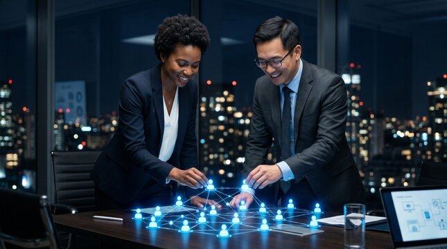 Diverse business team collaboration concept. Male and female professionals arranging person icons on dark table. Inclusive workforce planning.