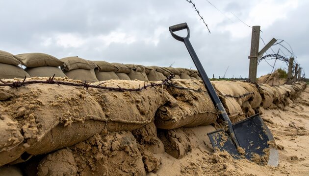 A heavily used entrenching tool, a folding shovel, leans against a sandbag fortification covered in mud and barbed wire