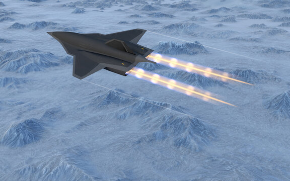 Hypersonic aircraft flying over Antarctica 3D illustration