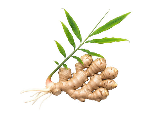 Fresh young turmeric rhizome with green leaves sprouting isolated on transparent background