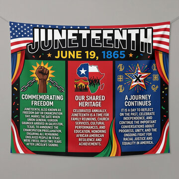 Juneteenth-themed educational banner with symbolic illustrations commemorating freedom and African American heritage for community events and social justice awareness