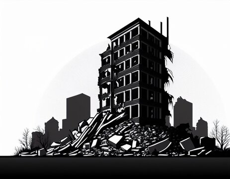black silhouette of a destroyed building ruins rubble
