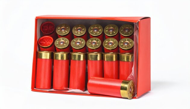 A full box of twelve gauge shotgun shells with red plastic hulls and brass bases.
