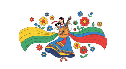 Fototapeta premium Ukrainian woman in traditional costume playing bandura with colorful flowers and ribbons, folk art illustration