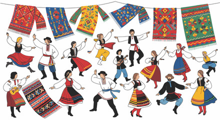 Obraz premium Traditional Hungarian Folk Dancers in Colorful Costumes Celebrating with Embroidered Textiles