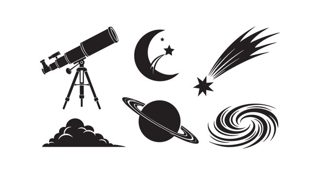 Astronomy and space vector illustration set featuring telescope moon comet saturn planet spiral galaxy and dark cloud shapes.