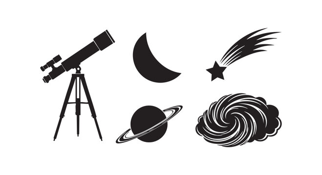Astronomy vector icons collection telescope moon planet comet galaxy and nebula silhouettes for space science and discovery concepts.