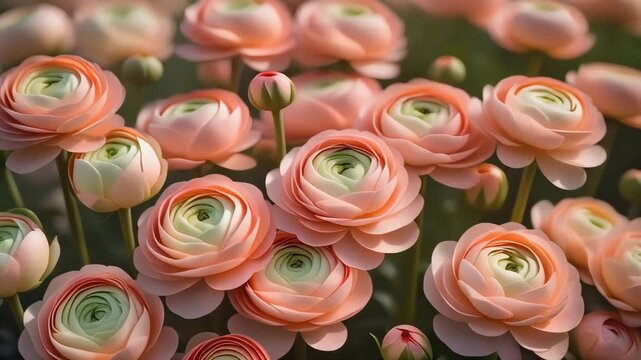 Close-up of blooming pale pink ranunculus flowers in a garden setting