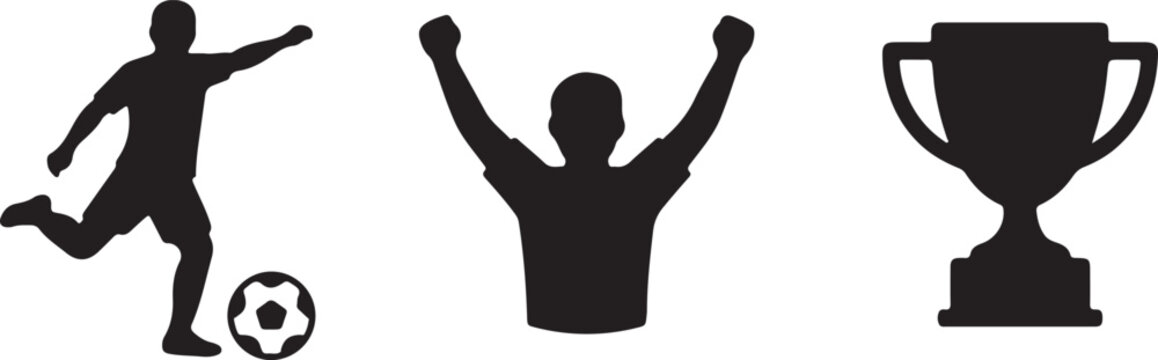 Black silhouettes of soccer player kicking ball, cheering man and trophy