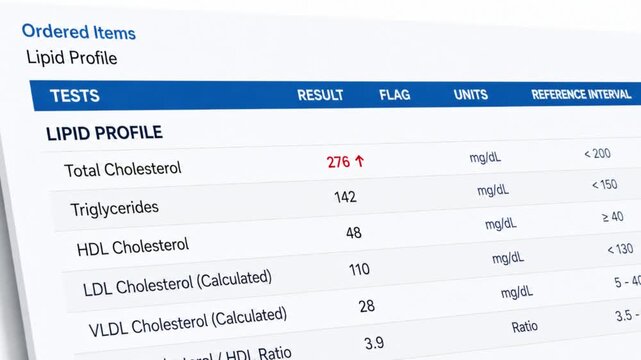 lipid profile lab results, understand high total cholesterol markers ($276$ mg/dL), and discover key lifestyle tips to lower cardiovascular risk.