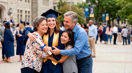 Fototapeta premium Happy female graduate hugging her family at university commencement. Proud parents and sister embracing daughter holding diploma. Academic achievement celebration