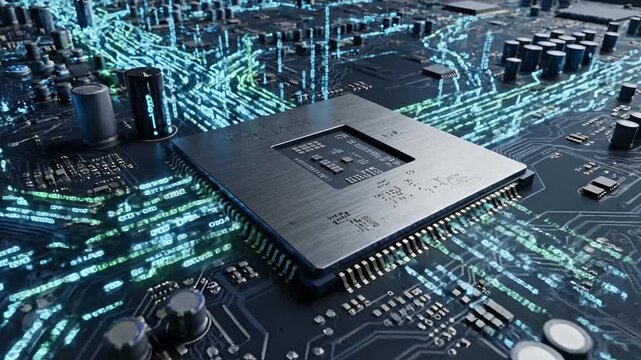 Closeup of a futuristic computer processor on a glowing circuit board.