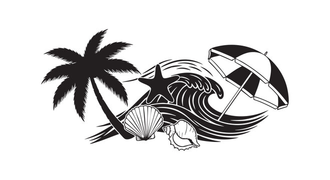 Beach vacation scene with palm tree ocean waves starfish seashells and striped sun umbrella for summer holiday background.