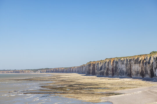 Panoramic View of the White Chalk Cliffs and Pebble Beach at Low Tide on the Alabaster Coast, Normandy