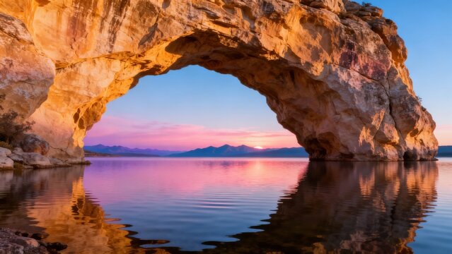 natural rock arch over calm water at sunset
