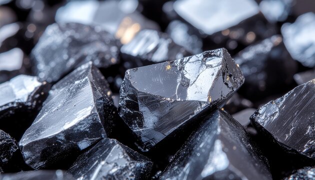 Extreme close up macro shot of raw black tourmaline mineral crystals rough shungite gemstone texture industrial anthracite coal heap background