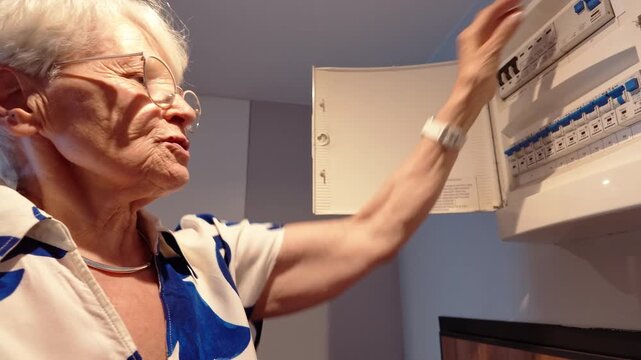 Senior Woman Checking Electrical Fuse Box at Home 