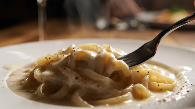 Closeup of creamy pasta being twirled with a fork on a white plate.