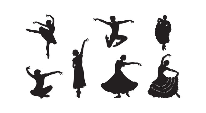 Dancers vector silhouette set with various ballet and flamenco performers in elegant poses.