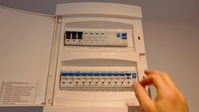 Senior Woman Checking Electrical Fuse Box at Home 