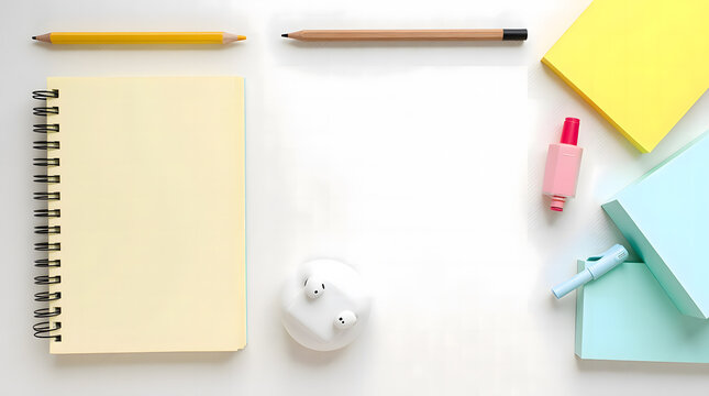 flat lay of spiral notebook and colorful office desk supplies