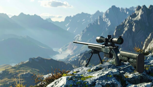 A modern sniper rifle with a large telescopic sight and bipod is set up on a rocky mountain ledge overlooking a vast valley.