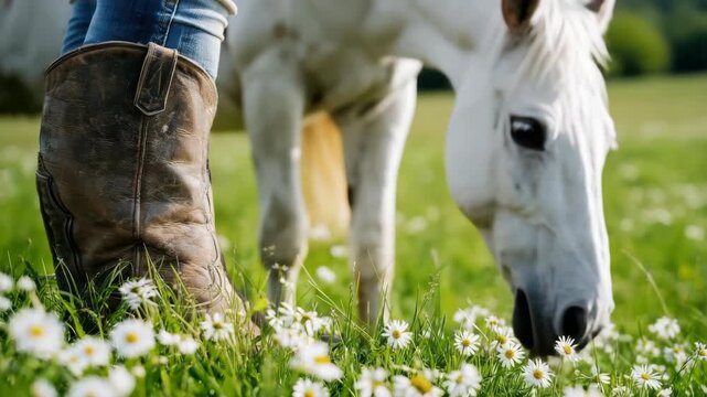 Slow motion tracking shot of person standing with boots as white horse grazes among daisies in rural meadow during daytime spring