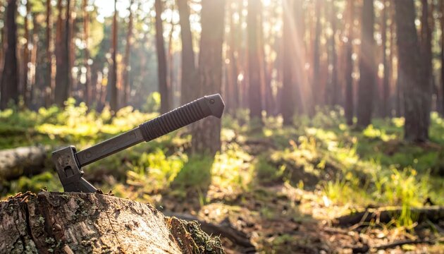 A modern tactical tomahawk axe with a black polymer handle embedded in a wooden tree stump in a sunlit forest setting.
